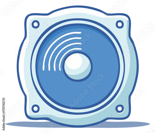 Blue audio speaker icon with sound waves. Cartoon illustration of music and stereo equipment.
