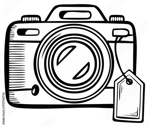 Line art illustration featuring a camera with a price tag, emphasizing photographic equipment and potential marketing or retail applications.