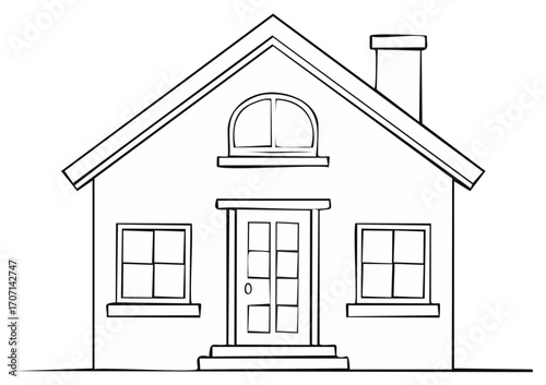 House Simple Illustration: Dwelling Outline with Windows, Door, Chimney, and Roof