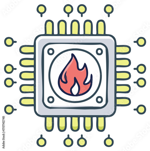Hot processor chip with fire symbol illustration, digital component with energy signal