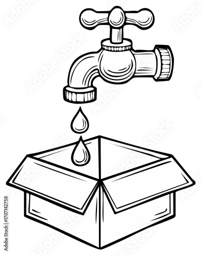 Leaky Water Faucet Filling Empty Box Hand Drawn Illustration Line Art