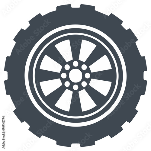 Detailed vehicle tire and wheel rim flat vector icon with prominent tread pattern