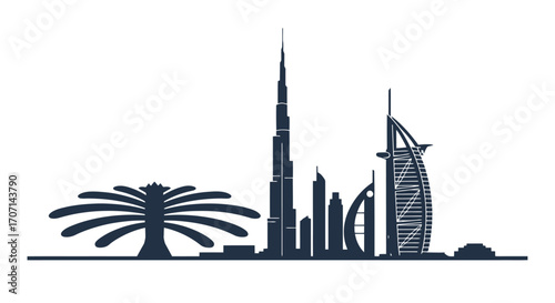 Striking Dubai Skyline Silhouette Vector Illustration for Travel, Tourism, and Architectural Representation. Suitable for travel brochures and promotional material.