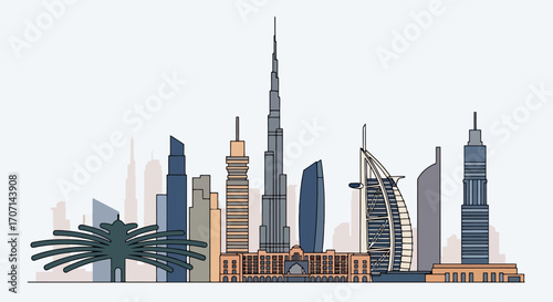 Illustrated Dubai Skyline Featuring Prominent Landmarks, Perfect for Travel Guides, Architectural Presentations, and Tourism Marketing Material
