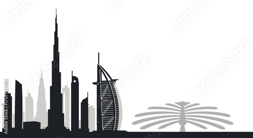 Minimalist Skyline Silhouette of Dubai United Arab Emirates, Ideal for Travel Brochures, Tourism Marketing, and Architectural Design Projects