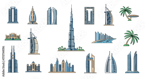 Collection of Illustrated Dubai Skyscrapers and Landmarks for Travel Guides, Architectural Studies, and Tourism Marketing Material