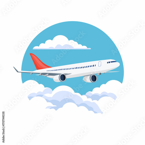 Airplane soaring above fluffy clouds in a clear blue sky.