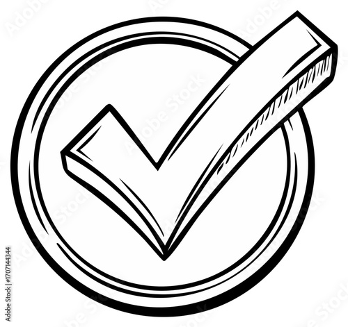 Hand drawn check mark in a circle, graphic element of approval in black and white.