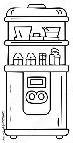 Cartoon Line Drawing of a Food Steamer or Warmer with Dishes and Containers