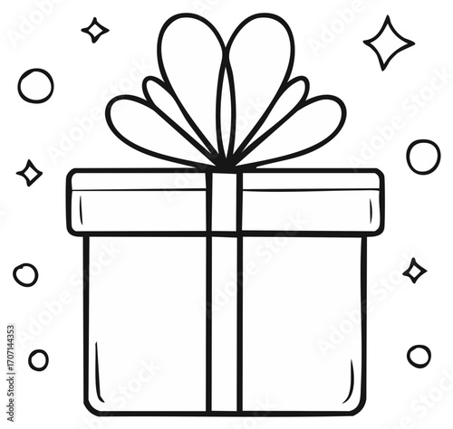 Outlined gift box decorated with ribbon and festive stars, creating a fun and celebratory illustration for holiday themes