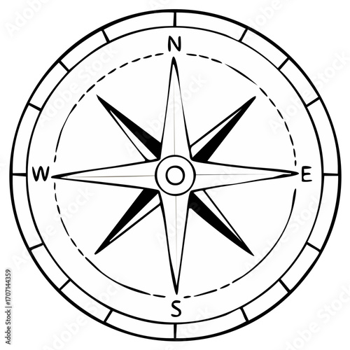 Black and white compass rose with directions, navigation concept