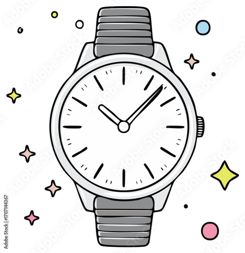 Stylish watch illustration with sparkle elements. Time and accessories concept.