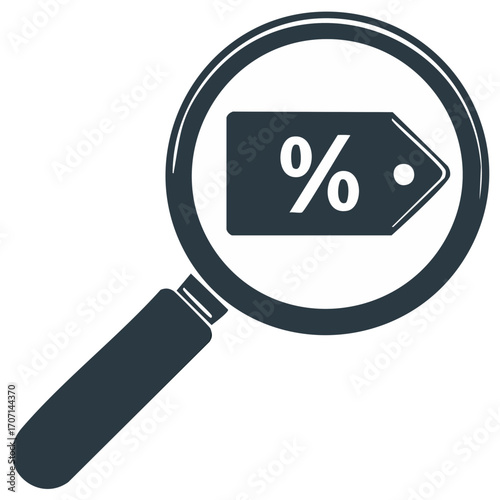 Magnifying Glass Searching for Discount Price Tag Icon with Percentage Symbol