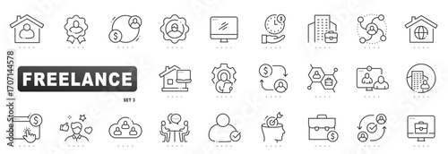 Freelance outline icons for remote projects: client communication, invoicing, payment, deadlines, collaboration, video meetings, portfolio, verified skills, editable vector stroke