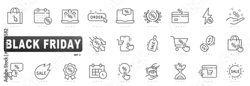 Black Friday ecommerce icons for retail promotions: sale, discount, coupon, cart, checkout, tag, badge, calendar, countdown, click, outline, editable stroke