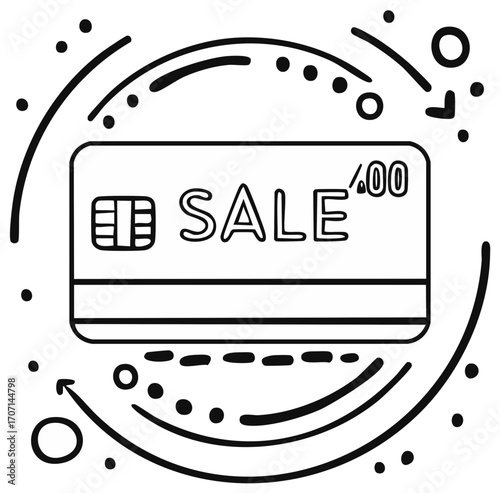 Shopping Credit Card with SALE Text and Abstract Circular Motion Graphics