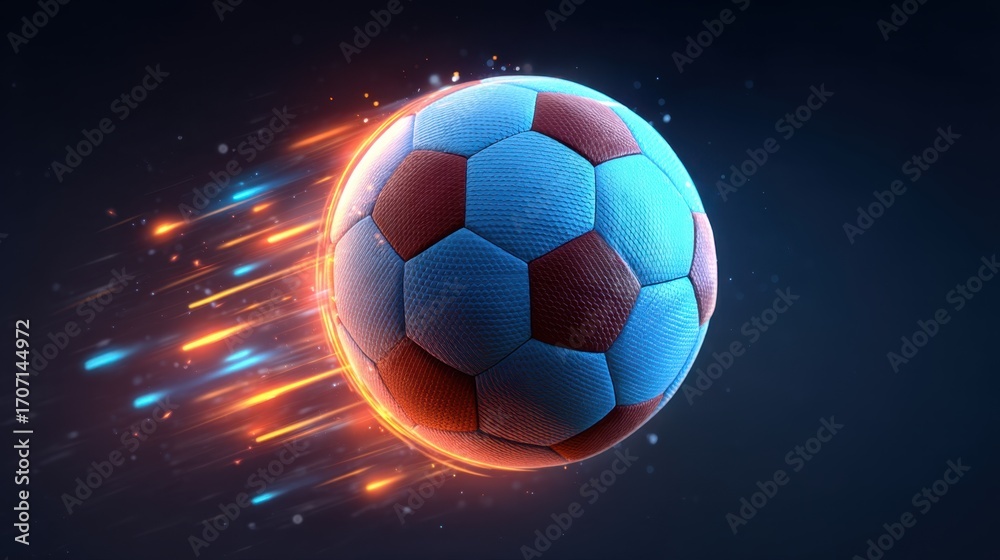 Fototapeta premium Dynamic Motion and Energy of a Soccer Ball in Motion Captured with Vivid Colors and Light Trails Against a Dark Background