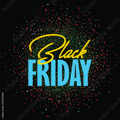 Stylish Black Friday design with glowing neon blue and yellow text on a dark sparkling background, ideal for attracting attention in digital and print advertising.