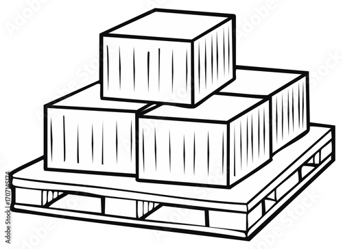 Monochrome Illustration of Pallet with Stacks of Boxes for Transportation and Warehouse Inventory, Logistics