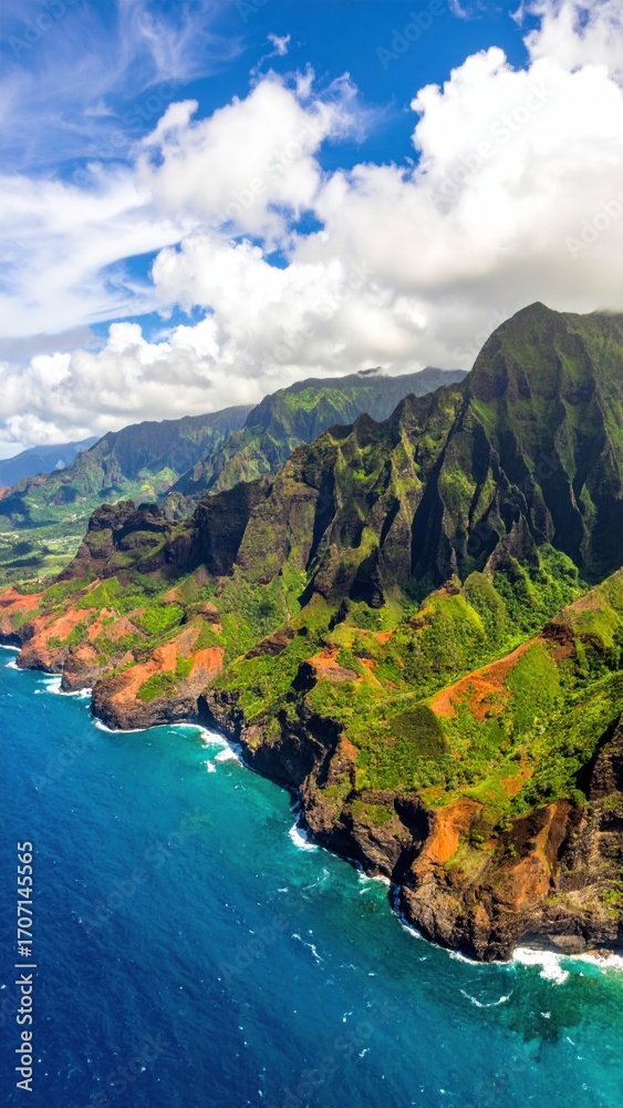 Obraz premium Vibrant coastal landscape featuring jagged cliffs meeting the blue sea under a partly cloudy sky, lush green mountains extend inland