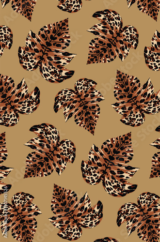 Abstract solid vector textile design, arrangement with a big tiger skin in leaf shapes,  all-over seamless pattern with brown tones color illustration, digital image printing factory