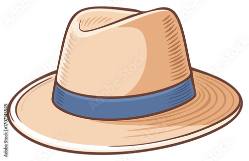 Straw Fedora Hat with Blue Band, Stylized Illustration, Summer Fashion Accessory