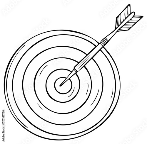 Illustration of a Dart Hitting the Bullseye of a Target Black and White Outline Design