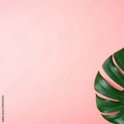 Tropical flat lay with a lush monstera leaf, set against a soft pink backdrop, evokes a sense of calm and minimalist elegance
