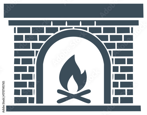 Simple vector icon of a brick fireplace with a burning log fire