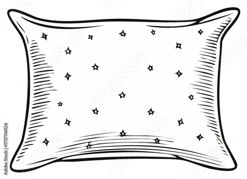 Hand drawn black and white comfortable pillow with star pattern line art drawing