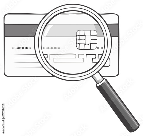 Magnifying Glass Focusing on EMV Chip on Plastic Credit Card Line Art for Finance Security