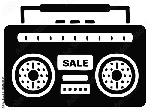 Retro boombox with "SALE" displayed on screen, portable music player icon