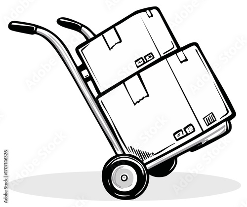 Hand truck with stacked cardboard boxes for moving or delivery, black and white line art illustration.