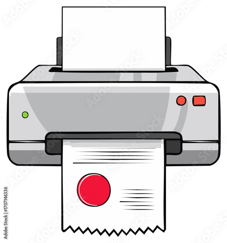 Cartoon printer with paper printing a document with a red circle.