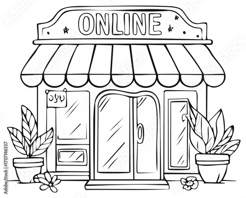 Storefront outline for online shopping, front view of an online store with flowers and plants