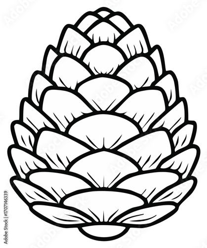 Bold black outline of a symmetrical pinecone for nature and holiday themed designs