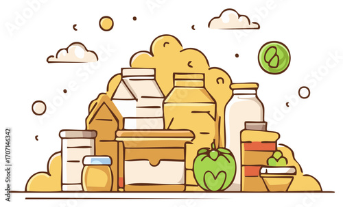 Illustration featuring a variety of packaged food products and healthy organic produce