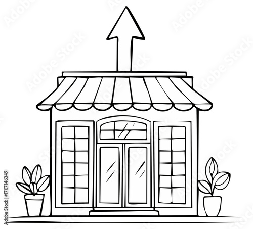 Cute Storefront with Awning Arrow and Potted Plants Black and White