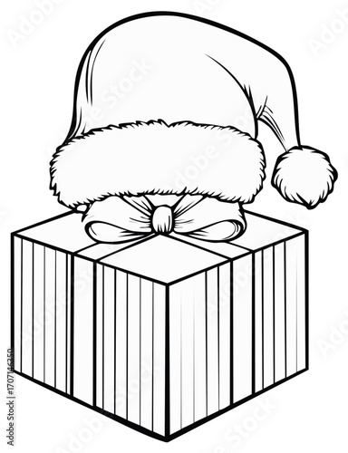 Christmas Gift Box Topped with Santa Hat and Ribbon Bow