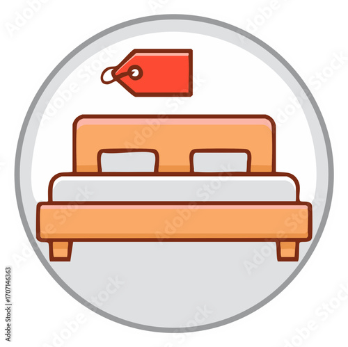 Furniture store icon of a double bed with a red price tag for sale or discount