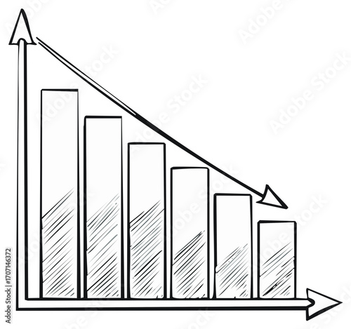 Hand Drawn Bar Chart Showing Declining Trend with Arrow and Hatching Details