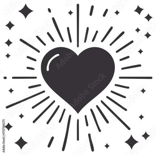 Stylized Heart Shape Icon Radiating Light with Surrounding Stars in Minimalist Design