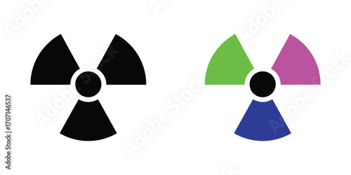 Radiation hazard symbol isolated on white background a set of two vector illustrations of the radiation symbol in black and in color, green, blue and purple