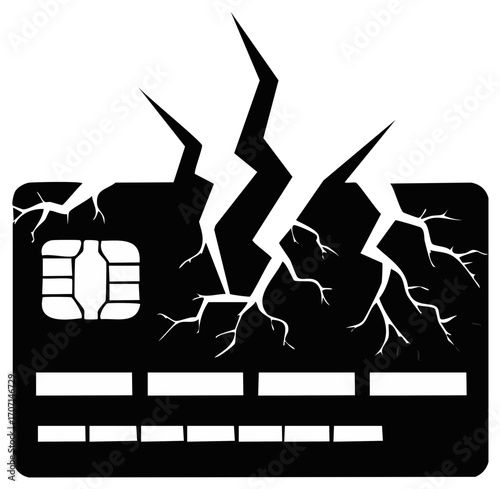 Cracked Black Credit Card with Chip and Magnetic Stripe Illustration