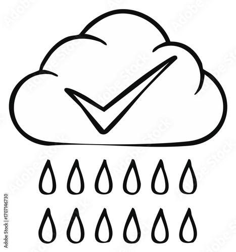 Cloud with checkmark and rain drops symbol doodle illustration