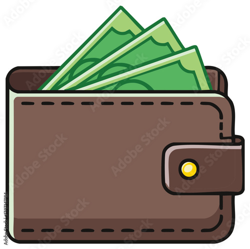Cartoon illustration of a brown wallet overflowing with green banknotes, symbolizing finance and wealth