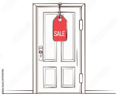 Line drawing of closed door with red sale tag hanging from the top