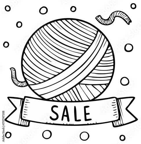 Wool Ball Sale Banner Illustration Outlined for Promotional Crafting Designs and Seasonal Textile Promotions