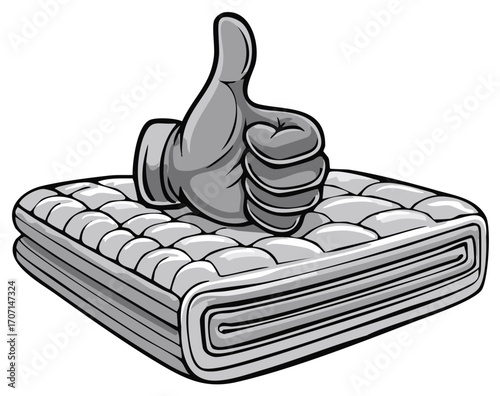 Cartoon thumbs up hand gesture on a comfortable mattress for quality sleep approval