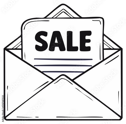 Open envelope with sale announcement document inside hand drawn sketch style